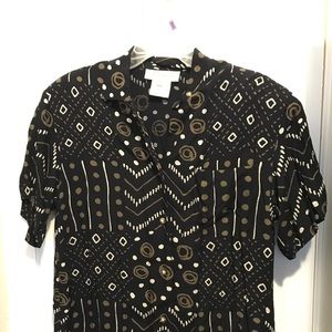 Short sleeved, black/tan print blouse/top